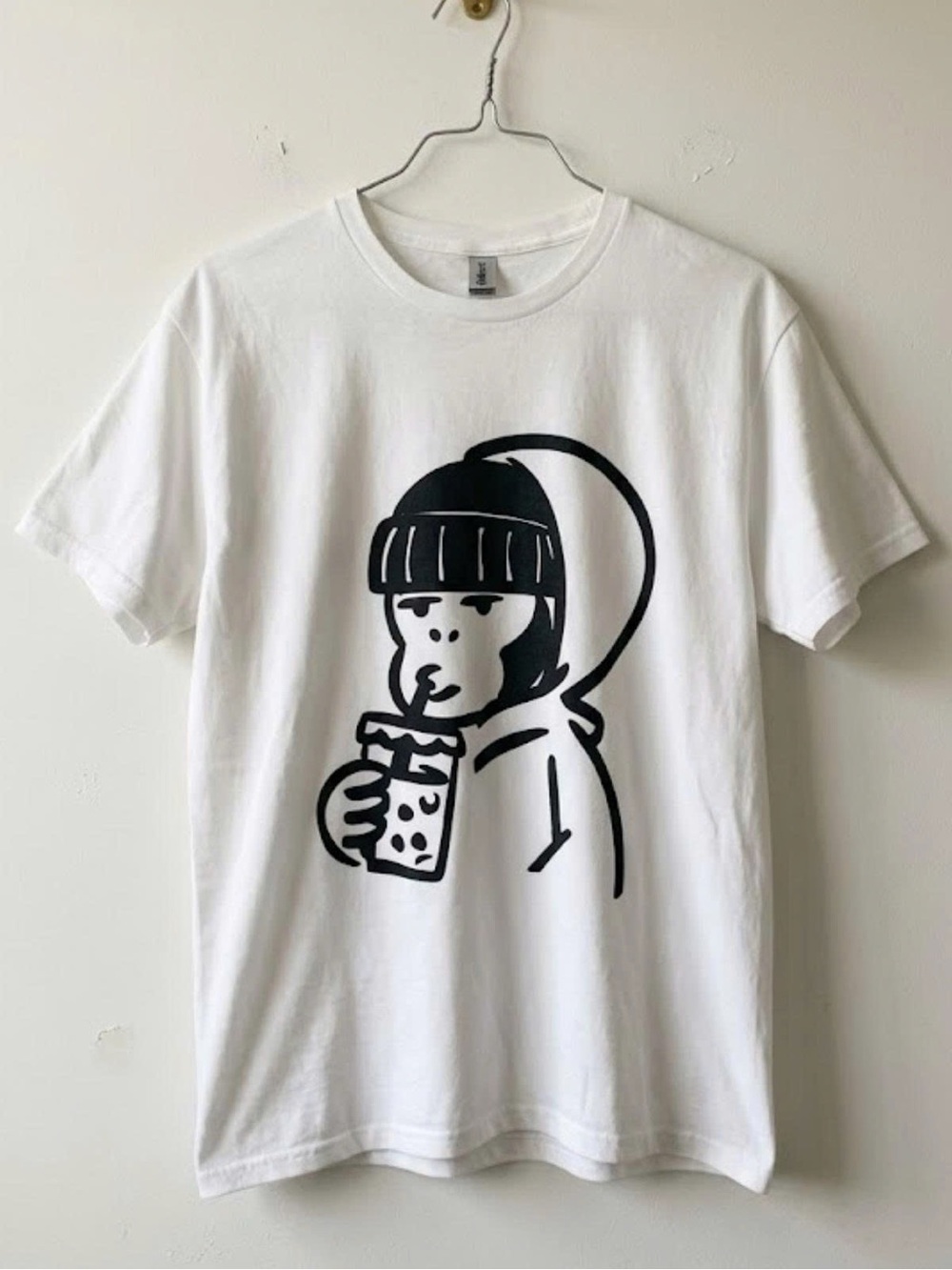 Gildan White Short Sleeve Tee with Black Graphic Boba Drinker | Unisex T - Shirt